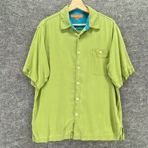 Sette Ponti Men Shirt M Medium Green Silk Short Sleeve Lined Pocket Button Front